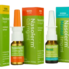 Nasoferm nässpray för vuxna och barn, lindrar nästäppa vid förkylning och akut bihåleinflammation. Finns med och utan mentol.