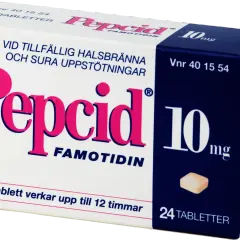 Pepcid 10mg magsyra tabletter för halsbränna och sura uppstötningar. 24 tabletter.