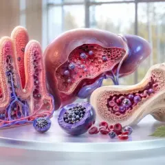Modell av tarmludd, lever och benmärg visar hur lågt ferritin symtom kan påverka kroppens organ.