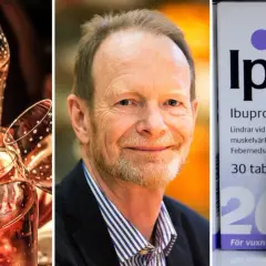En man ler, omgiven av champagneglas och förpackningar med Ipren, som innehåller ibuprofen, liknande naproxen och Alvedon.