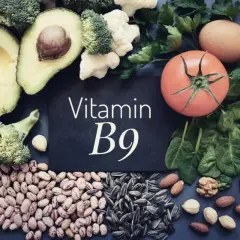En tavla med texten "Vitamin B9" omgiven av matvaror som broccoli, avokado, bönor, solrosfrön, nötter, spenat, tomat och ägg.