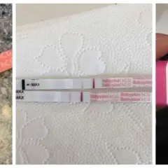 Tre positiva tidiga graviditetstest visar två rosa streck.