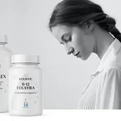 Två burkar med B-vitaminer, en med B-komplex och en med B12. En ung kvinna med flätat hår i bakgrunden.