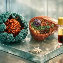 Modell av en cell med organeller och en viruspartikel, kanske en p ferritin-struktur, bredvid ett provrör med blod.