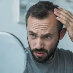 Man med skägg och bekymrat uttryck undersöker sitt tunnare hår i spegeln, möjligtvis relaterat till hypotyreos håravfall.