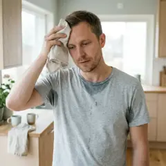 Man i köket torkar pannan med en trasa, svettas mycket.