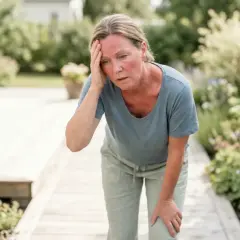 Kvinna med rodnad i ansiktet och handen mot pannan, böjd framåt. Hon verkar ha solsting symtom.