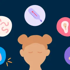 Illustration av ett barn med symboler för feber, lungor, öronvärk, snuva och streptokocker.