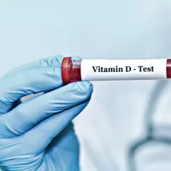 Blå handskbeklädd hand håller provrör märkt "Vitamin D - Test". Kan hjälpa till att identifiera d-vitamin brist symtom.