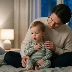 Pappa tröstar sitt barn som hostar, kanske för att det smittar krupp.