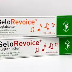 Två GeloRevoice-paket, en mirakelkur mot heshet och halsont. Citrus-Mentol och Körsbär-Mentol.