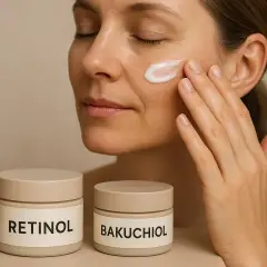 Kvinna applicerar kräm, burkar med "Retinol" och "Bakuchiol" synliga. Kan vara för att undvika retinol biverkningar.