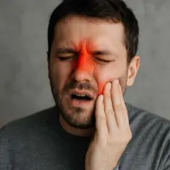 Man med smärta i ansiktet, rödmarkerad panna och kind. Känner igen bihåleinflammation symtom.