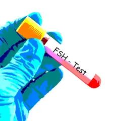 Blå hand med handske håller provrör märkt "FSH-Test".
