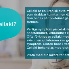 En pratbubbla frågar "Vad är celiaki?". Texten förklarar att celiaki är en kronisk autoimmun sjukdom som drabbar tunntarmen, ofta kopplad till gluten. Behandlingen är glutenfri kost.