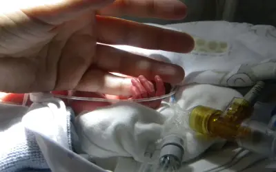 En vuxen hand vilar över en nyfödd bebis hand. Bebisens lilla hand ser ut att ha ett prematurt utseende, omgiven av medicinsk utrustning.