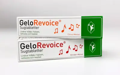 Två GeloRevoice-paket, en mirakelkur mot heshet och halsont. Citrus-Mentol och Körsbär-Mentol.