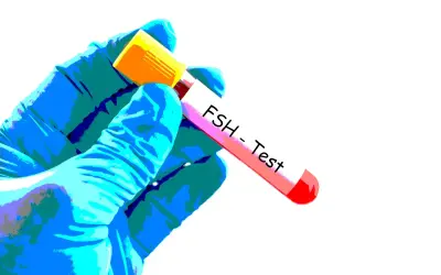 Blå hand med handske håller provrör märkt "FSH-Test".