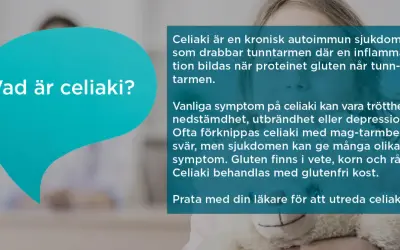 En pratbubbla frågar "Vad är celiaki?". Texten förklarar att celiaki är en kronisk autoimmun sjukdom som drabbar tunntarmen, ofta kopplad till gluten. Behandlingen är glutenfri kost.