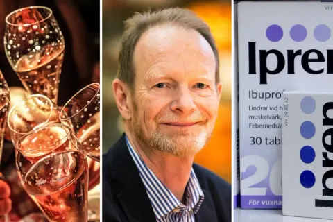 En man ler, omgiven av champagneglas och förpackningar med Ipren, som innehåller ibuprofen, liknande naproxen och Alvedon.