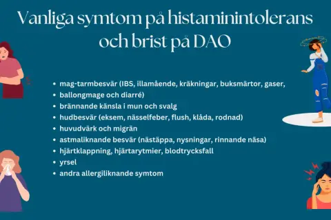 Vanliga symtom på histaminintolerans: magbesvär, hudutslag, huvudvärk, yrsel och allergiliknande symptom.