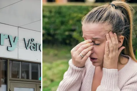 Kry Vård-skylt och en kvinna med allergi som överväger pollenvaccination.