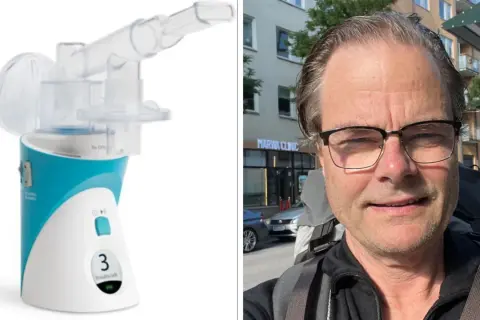 En man med glasögon och en inhalator. Detta kan vara en del av lungfibros behandling.