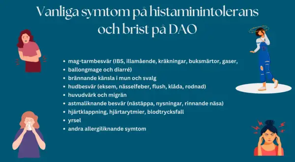 Vanliga symtom på histaminintolerans: magbesvär, hudutslag, huvudvärk, yrsel och allergiliknande symptom.
