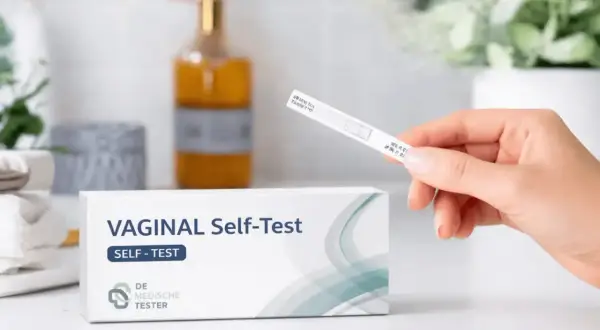Kvinna håller ett vaginalt självtest. Om urin luktar illa klimakteriet kan detta test ge svar.