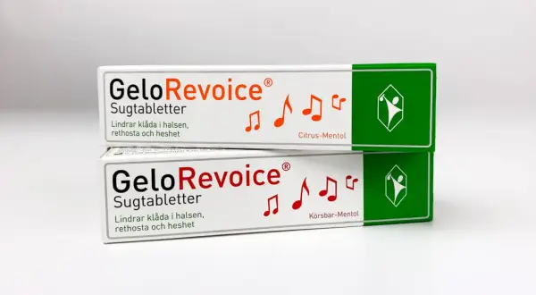 Två GeloRevoice-paket, en mirakelkur mot heshet och halsont. Citrus-Mentol och Körsbär-Mentol.
