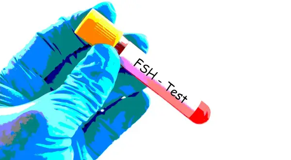 Blå hand med handske håller provrör märkt "FSH-Test".