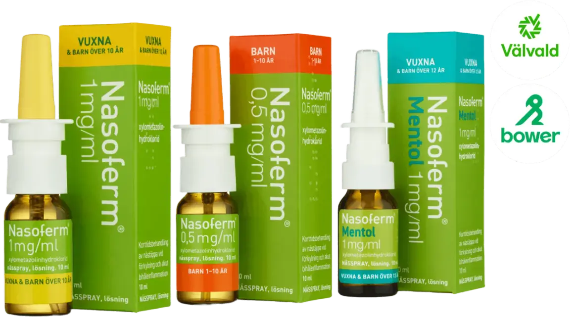 Nasoferm nässpray för vuxna och barn, lindrar nästäppa vid förkylning och akut bihåleinflammation. Finns med och utan mentol.