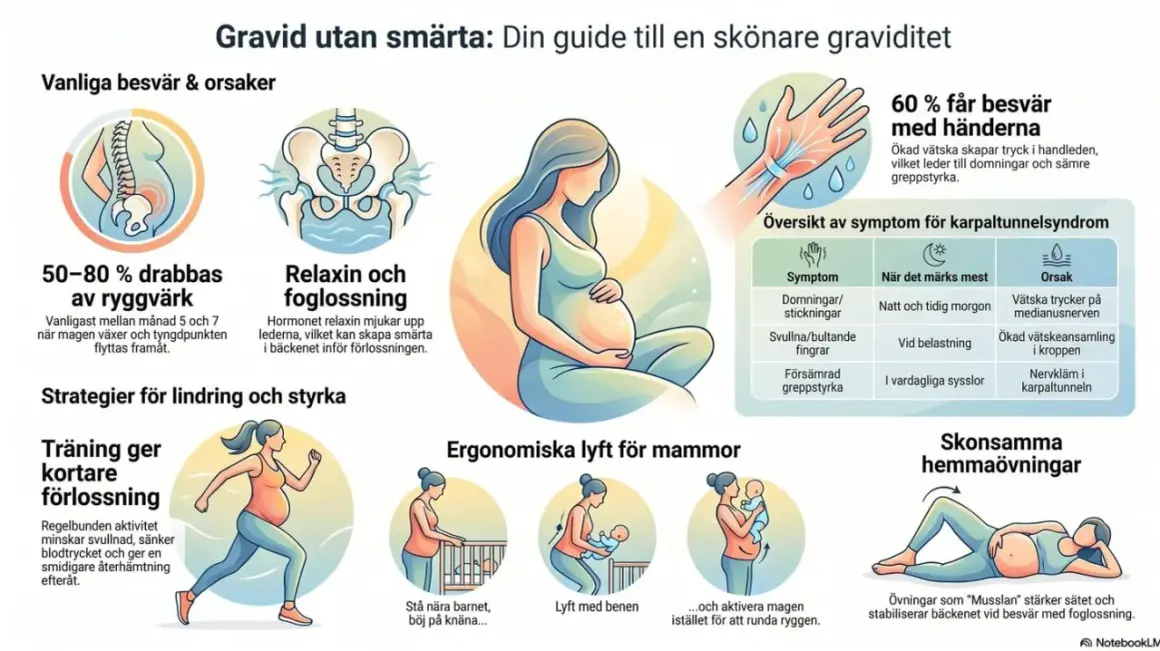 Gravid utan symtom kan vara en utmaning. Bilden visar vanliga besvär som ryggvärk och karpaltunnelsyndrom, samt strategier för lindring.