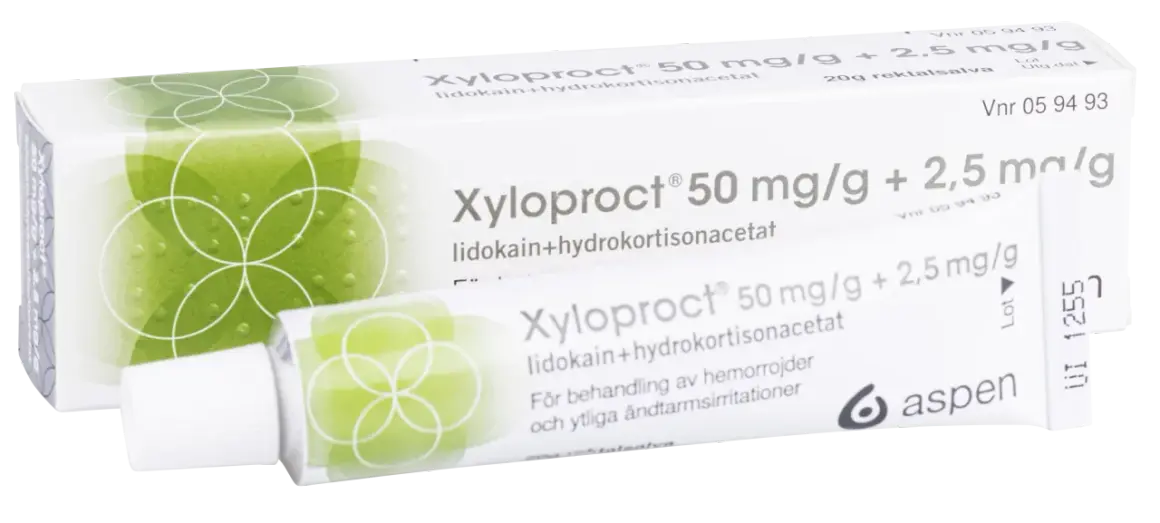 Xyloproct salva mot hemorrojder. Förpackning och tub med salva för behandling av hemorrojder och ändtarmsirritationer.