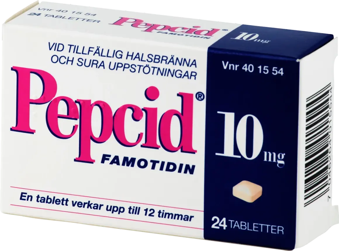 Pepcid 10mg magsyra tabletter för halsbränna och sura uppstötningar. 24 tabletter.
