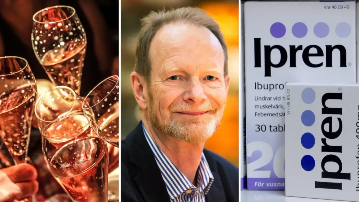 En man ler, omgiven av champagneglas och förpackningar med Ipren, som innehåller ibuprofen, liknande naproxen och Alvedon.
