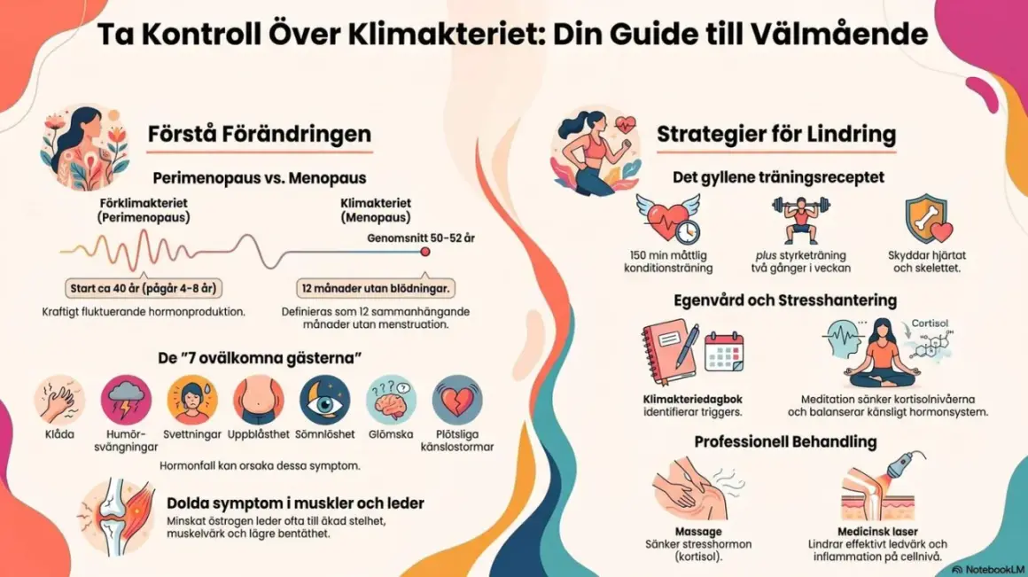Grafik om klimakteriet, dess faser, symptom som viktuppgång, och strategier för lindring genom träning, egenvård och behandling.