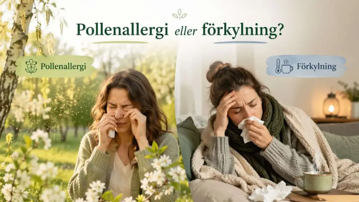 Kvinna med pollenallergi nyser utomhus bland blommor, medan en annan kvinna med förkylningssymtom vilar inomhus med en kopp te.
