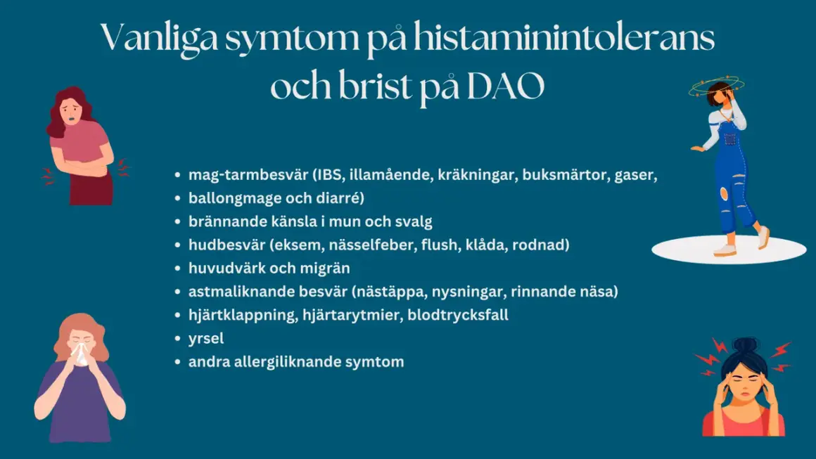 Vanliga symtom på histaminintolerans: magbesvär, hudutslag, huvudvärk, yrsel och allergiliknande symptom.