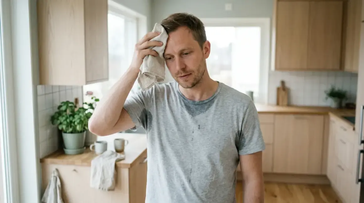 Man i köket torkar pannan med en trasa, svettas mycket.