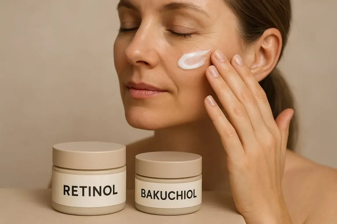 Kvinna applicerar kräm, burkar med "Retinol" och "Bakuchiol" synliga. Kan vara för att undvika retinol biverkningar.