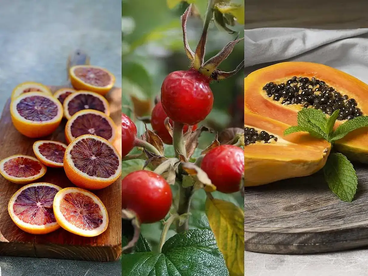 Blodapelsiner, nypon och papaya – frukter rika på C-vitamin, bra för att förebygga c vitamin brist.