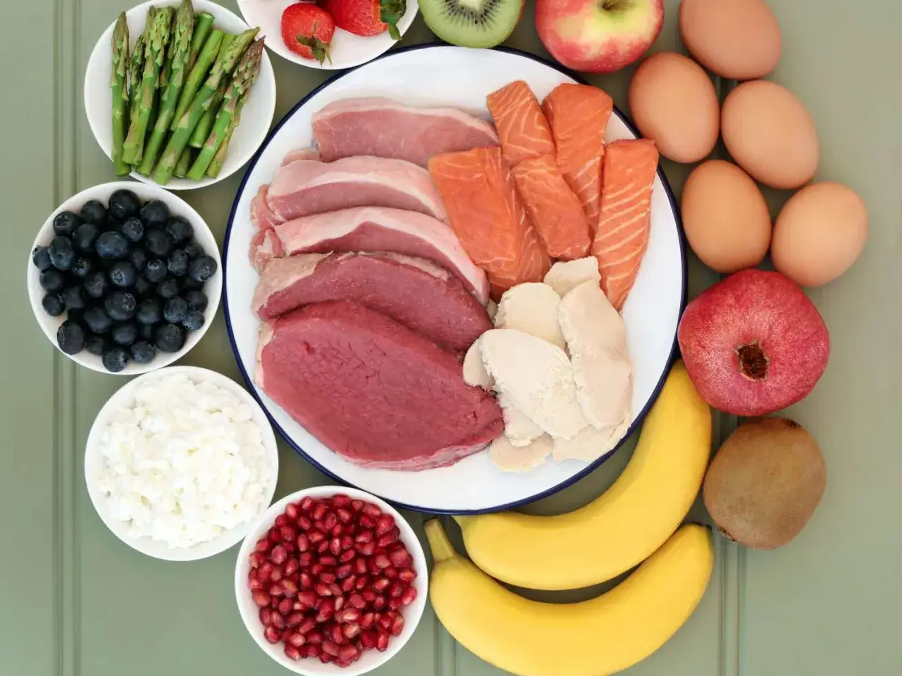 En tallrik med kött, lax och kyckling, omgiven av ägg, bär, frukt och grönsaker. En bra källa till b vitamin för energi.