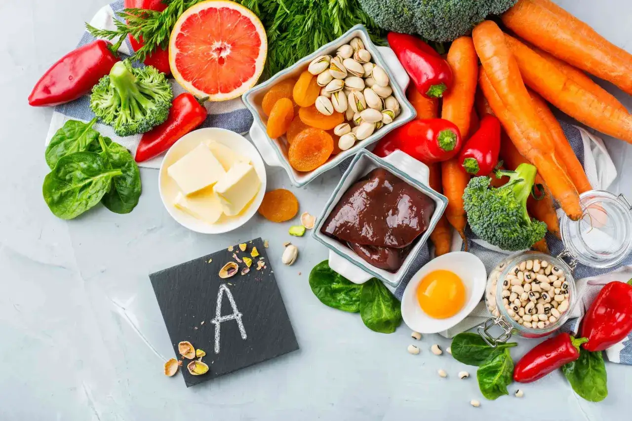 En samling matvarer rika på vitamin A: lever, morötter, spenat, äggula, aprikoser, paprika, broccoli, bönor, pistagenötter och smör.
