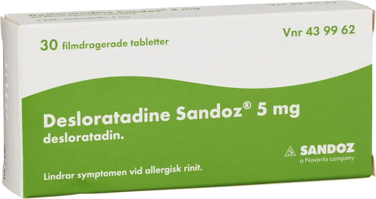 F&ouml;rpackning med Desloratadine Sandoz 5 mg, 30 tabletter. Effektiv allergimedicin barn lindrar symtom vid allergisk rinit.