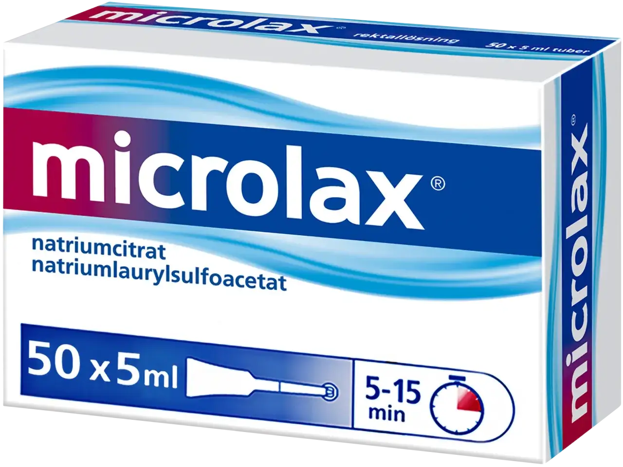 En låda med Microlax, ett snabbverkande laxermedel i tubform. Visar 50 x 5 ml tuber och en tid på 5-15 minuter.