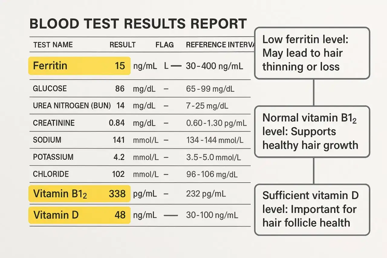Blodprovsresultat visar l&aring;g p ferritin-niv&aring; p&aring; 15 ng/mL, vilket kan leda till h&aring;ravfall. Vitamin B12 och D &auml;r normala.