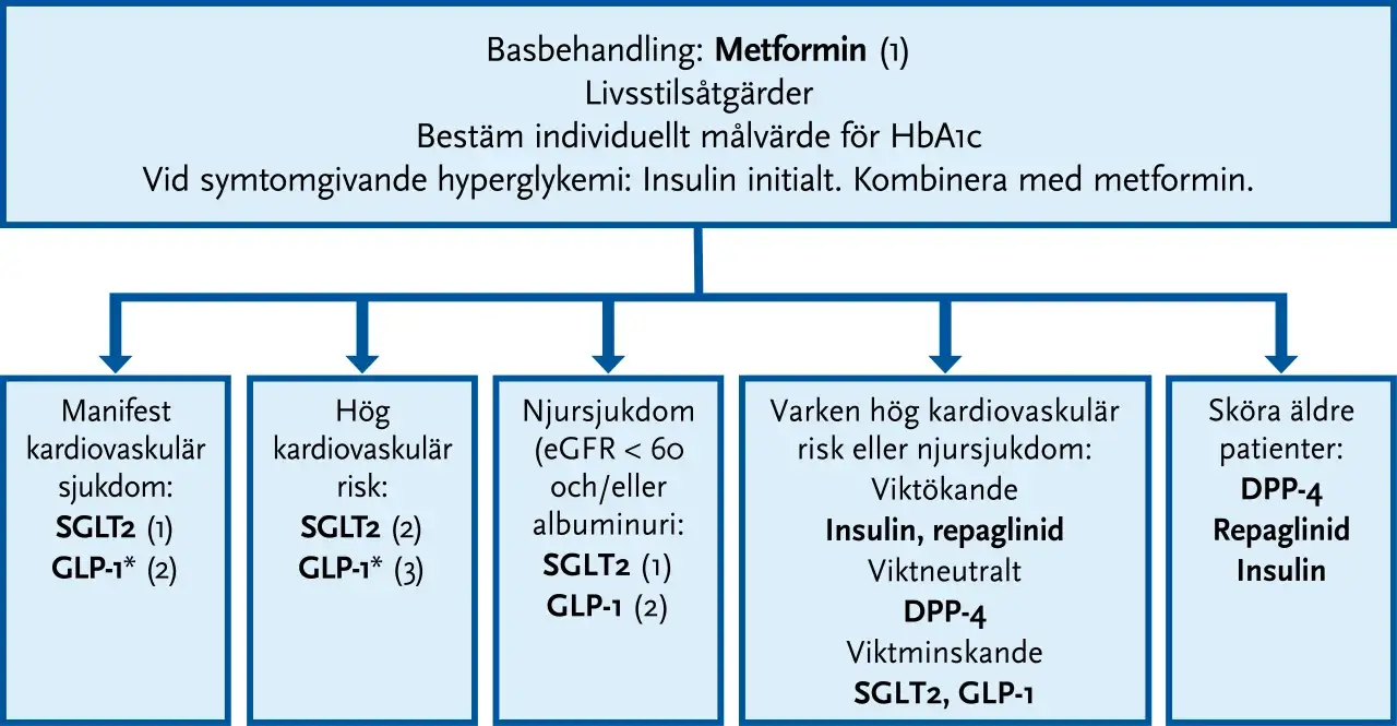 Fl&ouml;desschema f&ouml;r diabetesbehandling. Basbehandling Metformin. Vid symtomgivande hyperglykemi, kombinera med insulin. &Ouml;verv&auml;g att sluta med metformin vid vissa tillst&aring;nd.