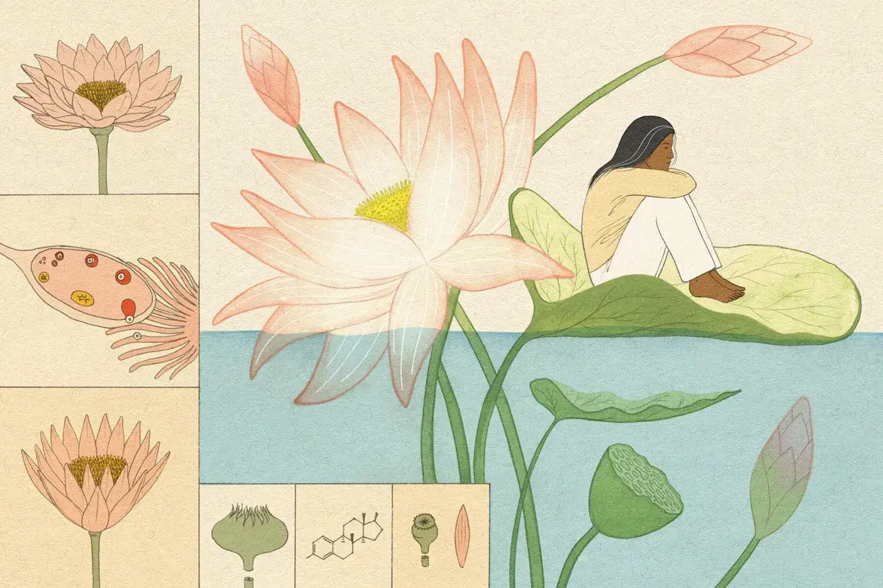 En kvinna sitter p&aring; ett n&auml;ckrosblad, omgiven av blommor. Bilden illustrerar biologiska processer och hormonella f&ouml;r&auml;ndringar, som kan leda till torra slemhinnor under klimakteriet.
