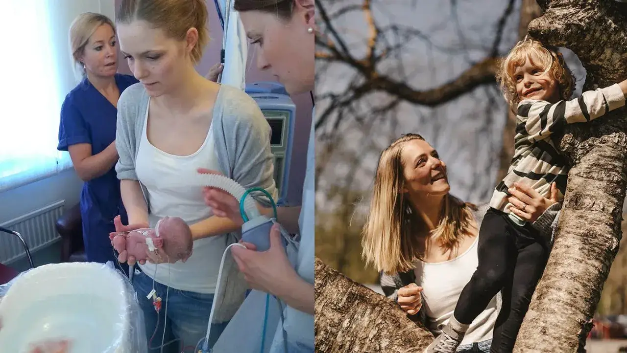 En mamma h&aring;ller sitt nyf&ouml;dda barn, som har ett prematurt utseende, medan en annan bild visar samma mamma med sitt &auml;ldre barn kl&auml;ttrande i ett tr&auml;d.